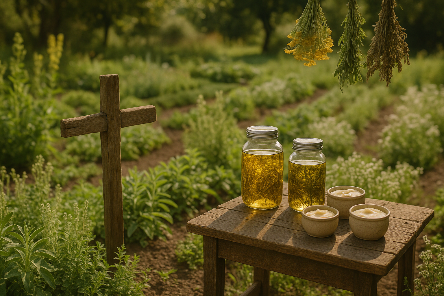 beautiful herbal garden, old wooden cross, infusing herbs in oil, handmaking tallow creams