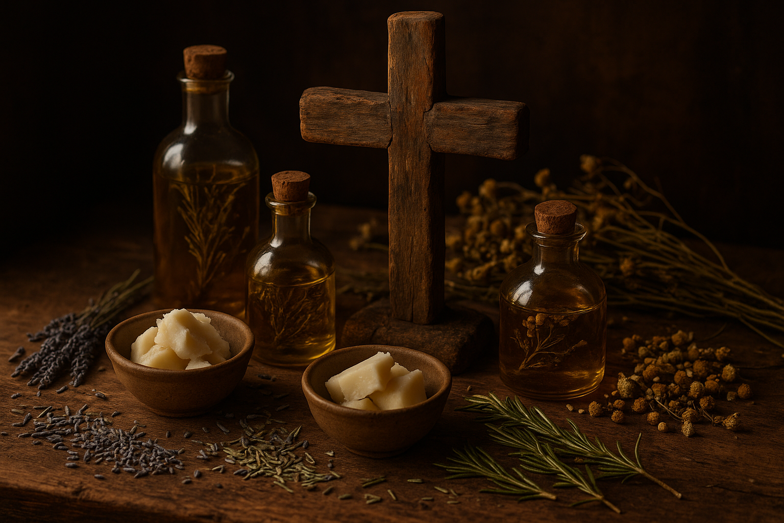 herbal ingredients, tallow, oil infusions, old wooden cross