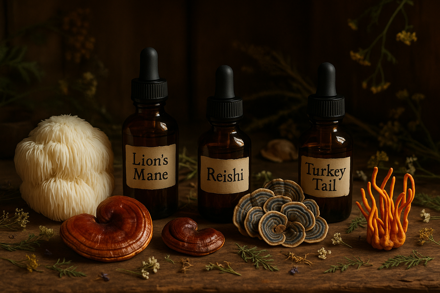 mushrooms, tincture bottles, lion's mane, reishi, turkey tail, cordyceps, herbs flowers