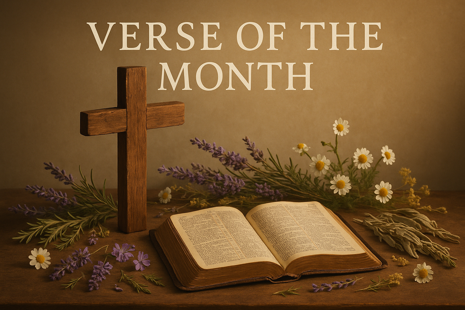 "Verse of the Month", bible, Old Wooden Cross, herbs, flowers